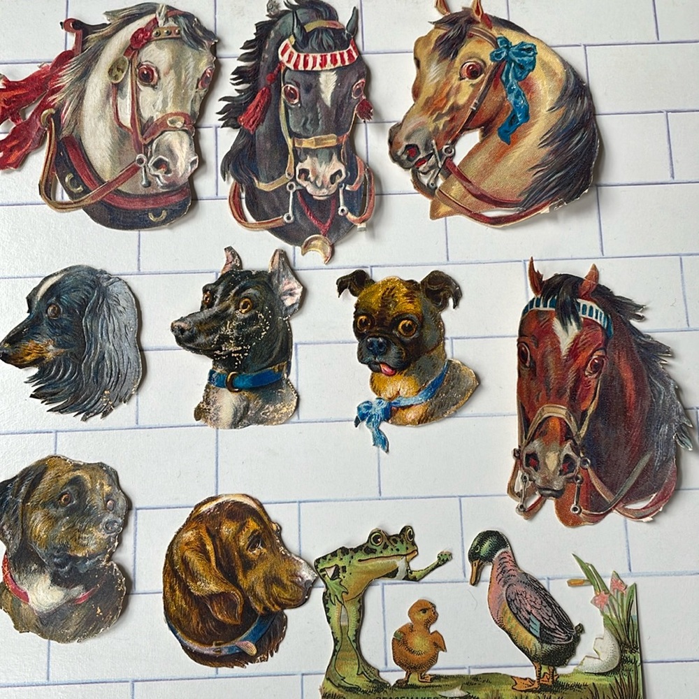 LOT OF 9 AUTHENTIC ANTIQUE VICTORIAN DIE CUT LITHOGRAPH SCRAP PIECES HORSES DOGS